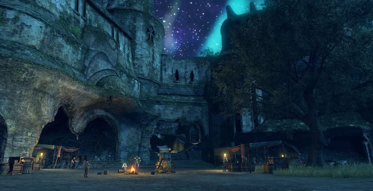 Nighttime cityscape with campfires and stars in the sky