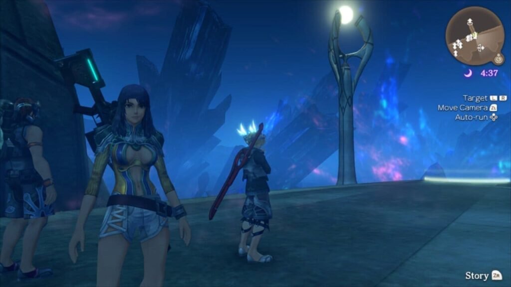 Sharla, Shulk, and Reyn standing in a town at night, illuminated by a light pole and blue and pink fiery rocks in the background from Xenoblade Chronicles Definitive Edition.