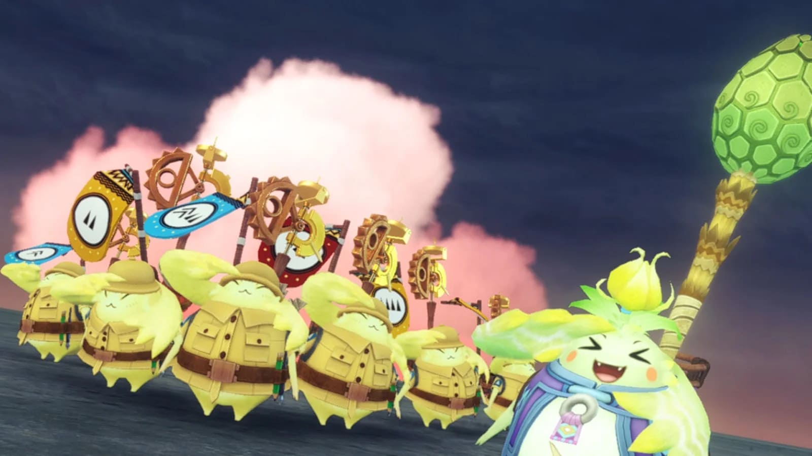 Group of Nopons saluting in a cutscene