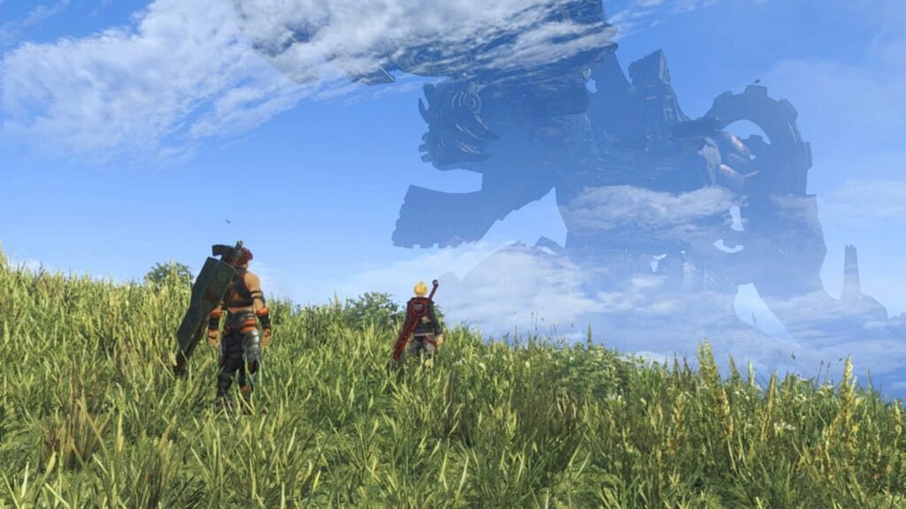 Reyn and Shulk standing on a cliff looking toward a giant Titan in the distance in Xenoblade Chronicles Definitive Edition.
