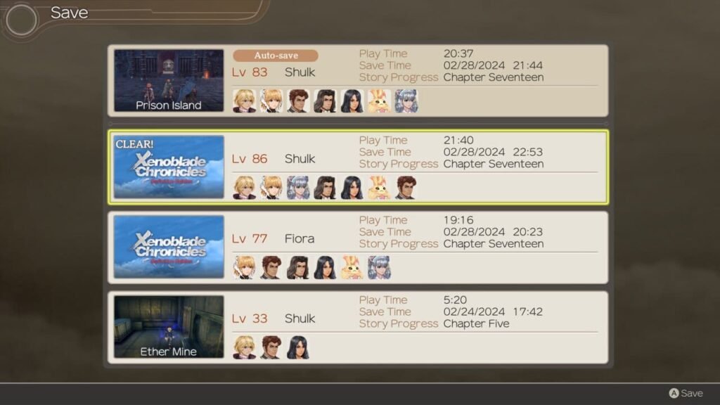 Xenoblade Chronicles Definitive Edition save screen showing multiple saves and a clear save time of 21:40.