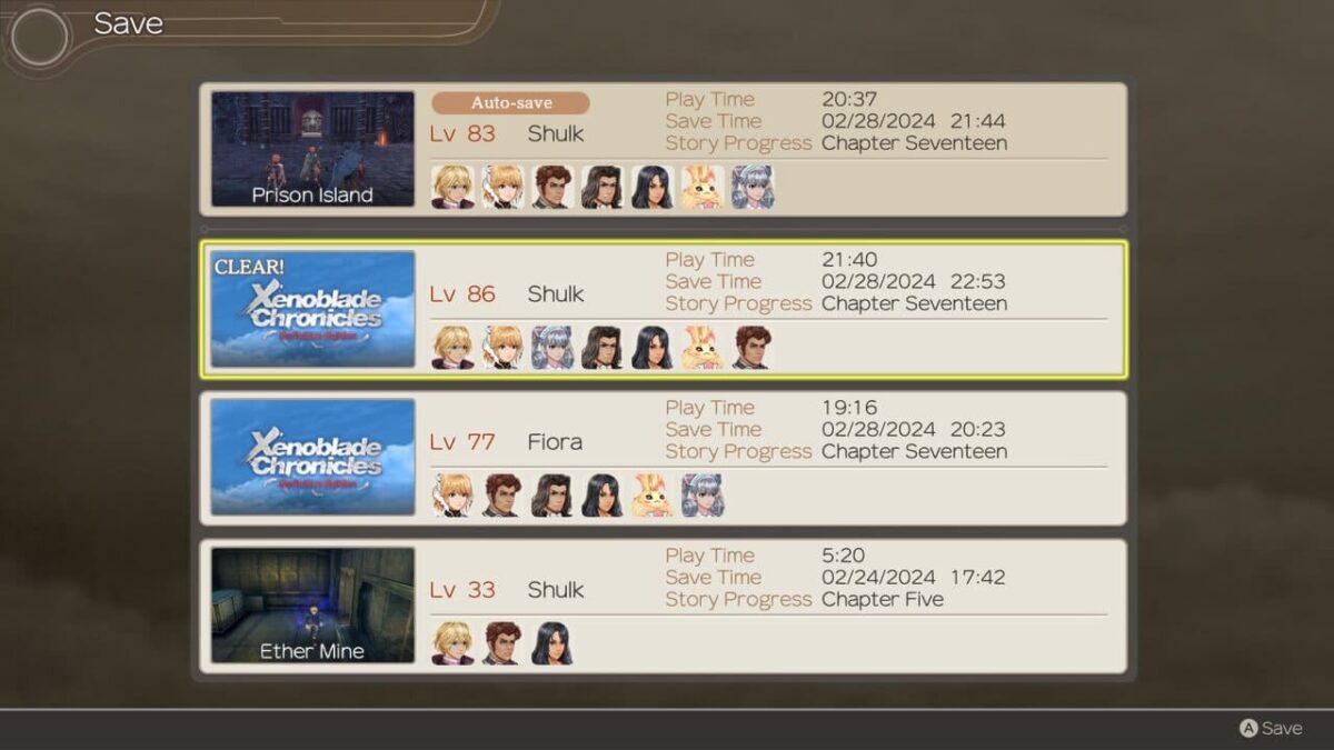 Xenoblade Chronicles Definitive Edition save screen showing multiple saves and a clear save time of 21:40.