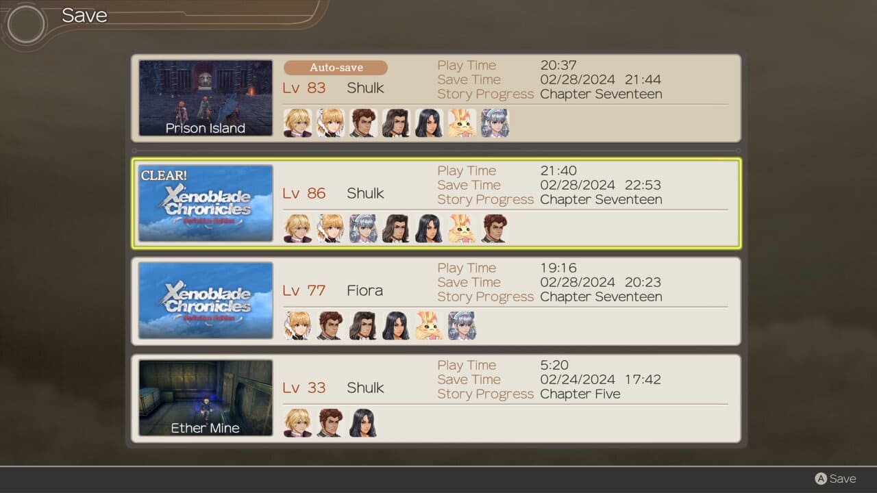 Xenoblade Chronicles Definitive Edition save screen showing multiple saves and a clear save time of 21:40.