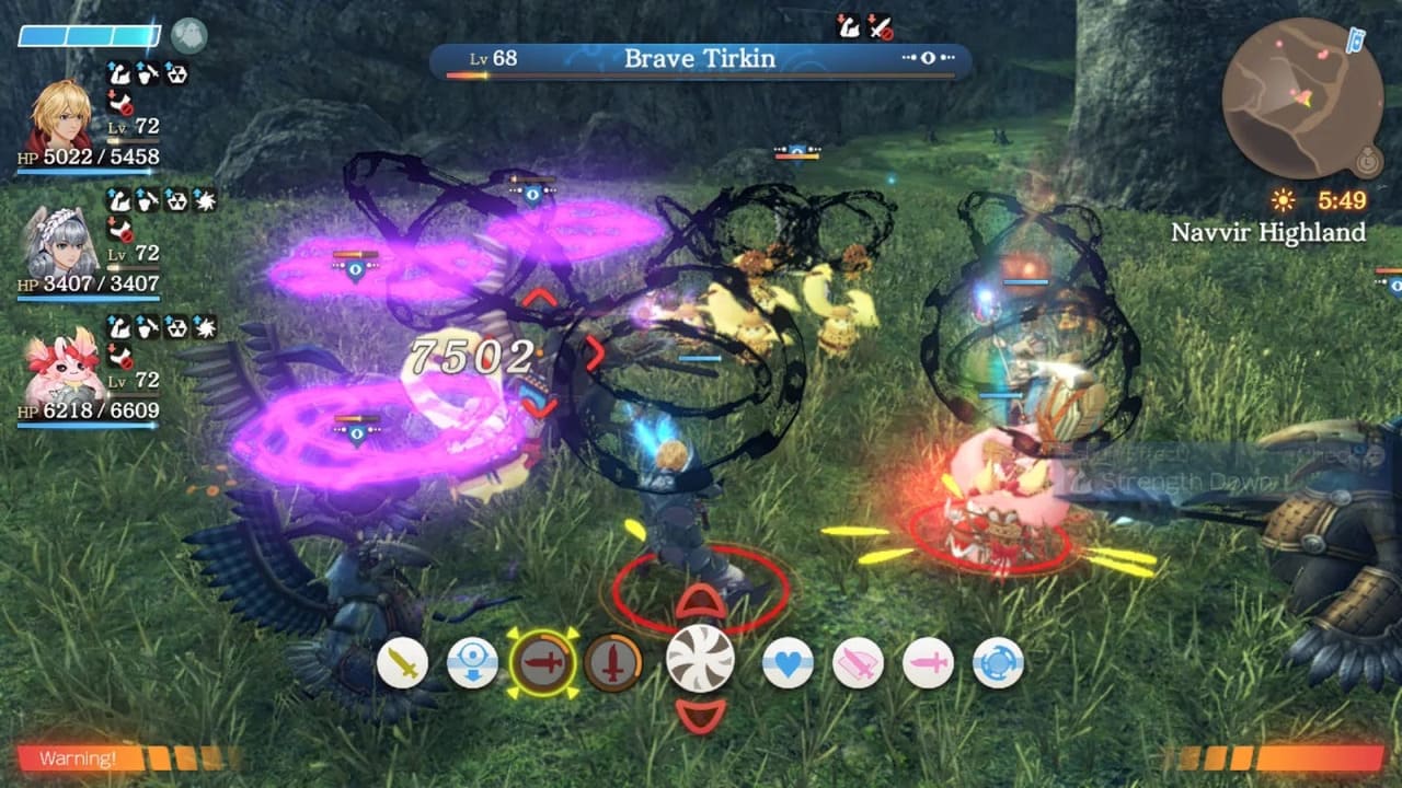 Shulk, Melia, and Tatsu fighting a level 68 Brave Tirkin in daylight