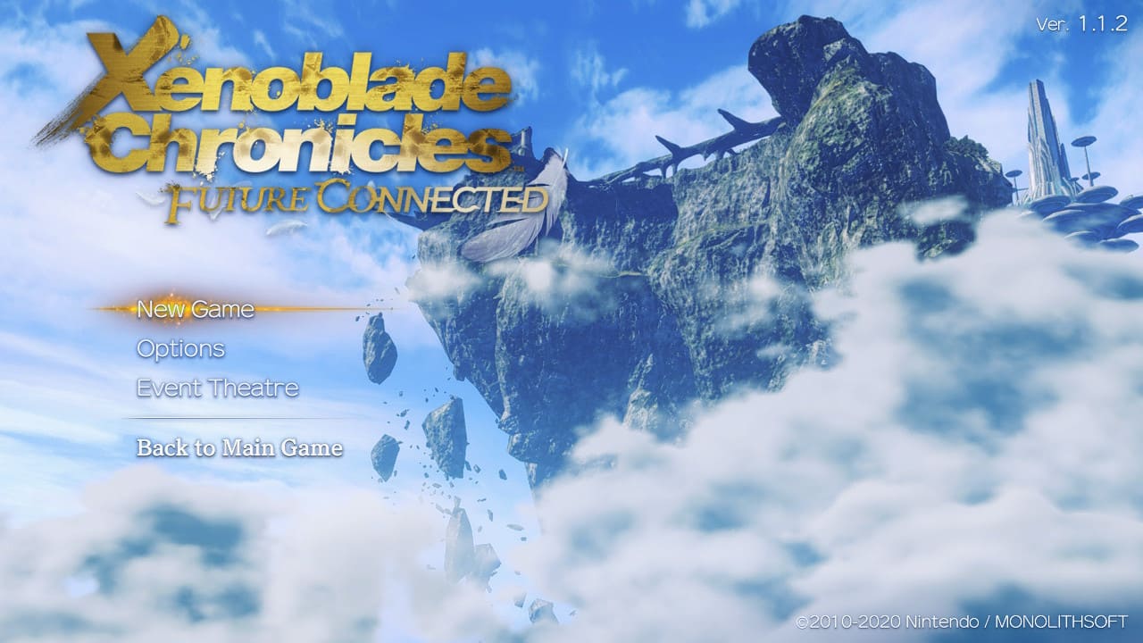 Xenoblade Chronicles Future Connected main menu with clouds and rock background