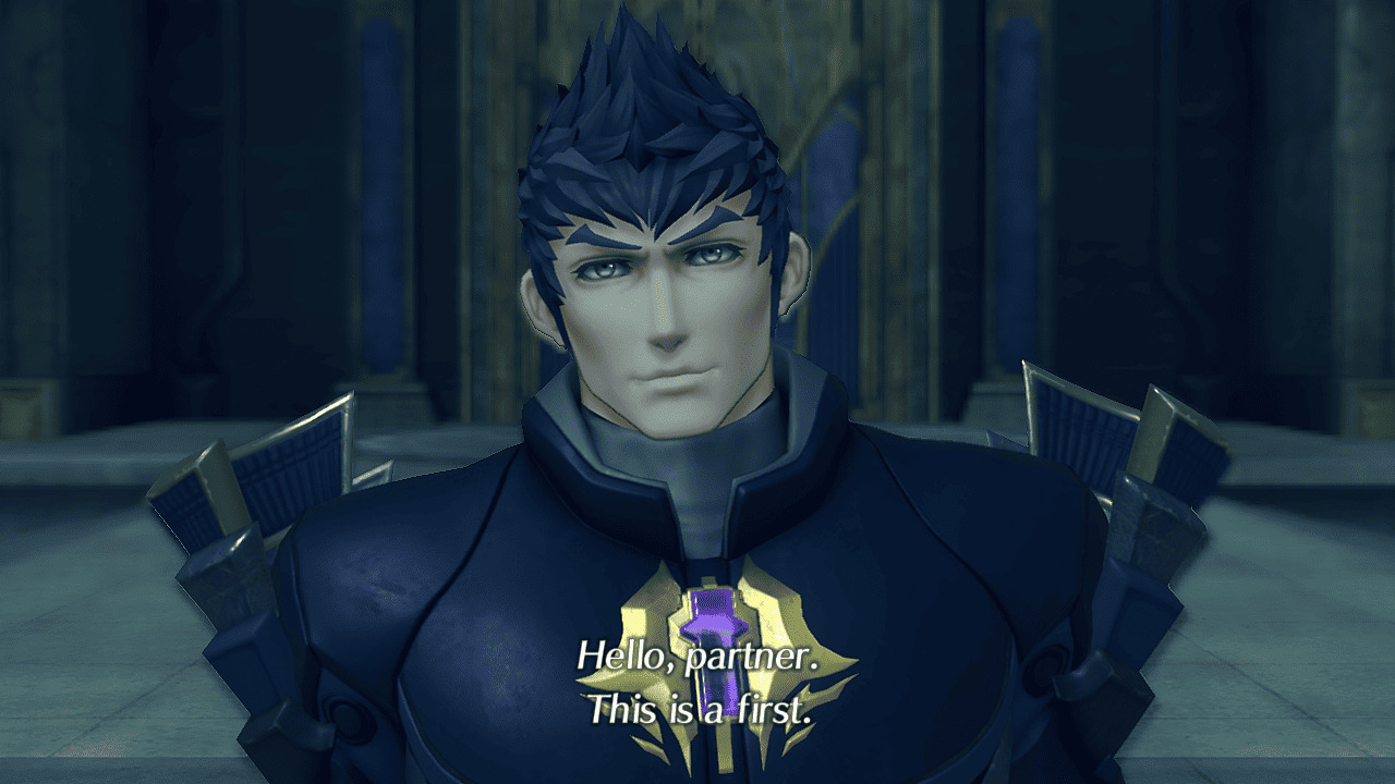 In-engine cutscene of Malos saying “Hello, Partner. This is a first.” with a serious expression