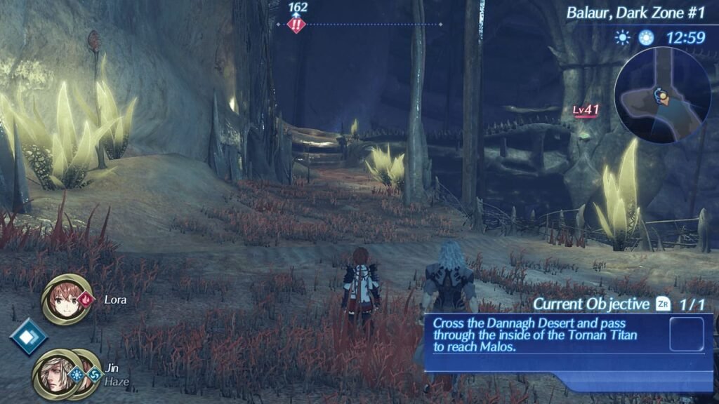 Lora and Jin explore Balaur’s Dark Zone #1 with HUD showing objective to cross the Dannagh Desert and Haze on reserve