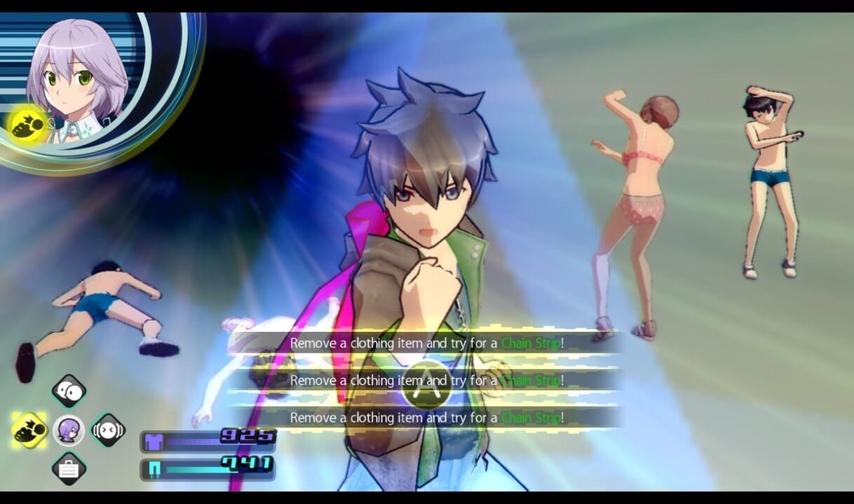 In-game action scene from Akiba’s Trip: Undead & Undressed showing Nanashi using a chain strip technique causing three enemies in the background to freak out as their clothes are removed.