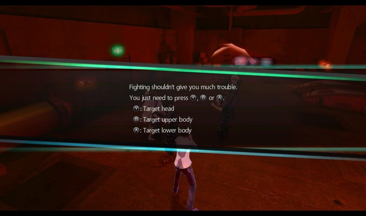 Combat basics screen from Akiba’s Trip: Undead & Undressed showing controls for targeting head (Y), upper body (B), and lower body (A).