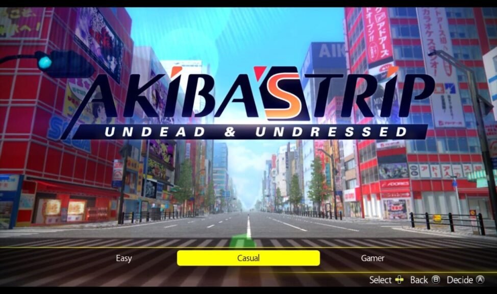 Difficulty selection screen from Akiba’s Trip: Undead & Undressed showing Easy, Casual, and Gamer options with Akihabara cityscape in the background.