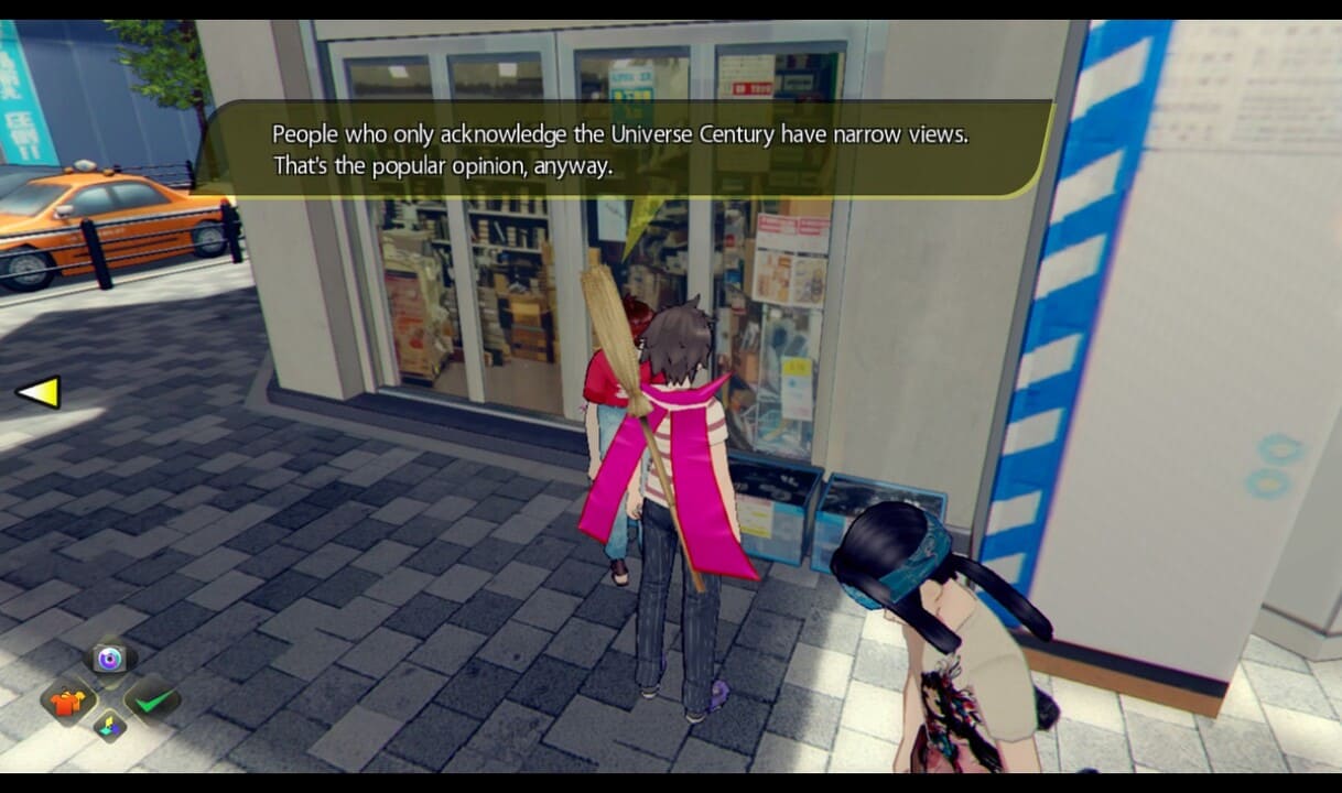 In-game scene from Akiba’s Trip: Undead & Undressed showing a character discussing Gundam and the Universe Century timeline.
