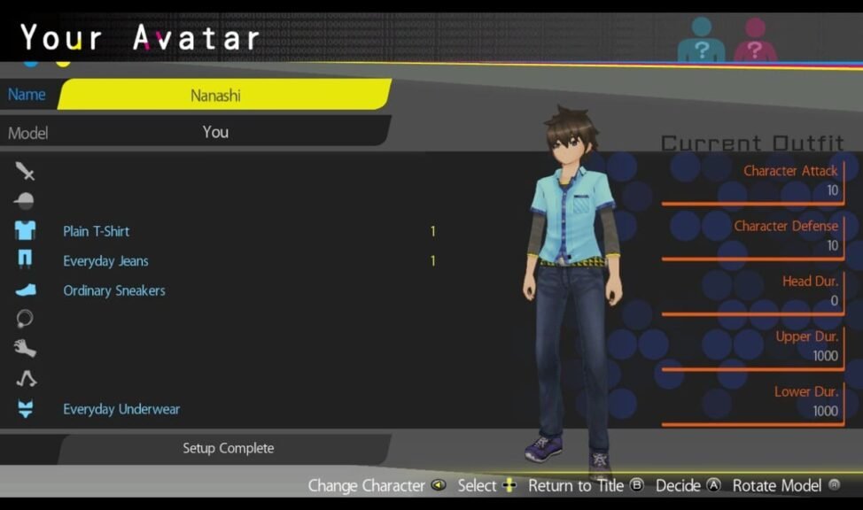 Equipment screen in Akiba’s Trip: Undead & Undressed showing Nanashi’s gear and weapon durability stats.