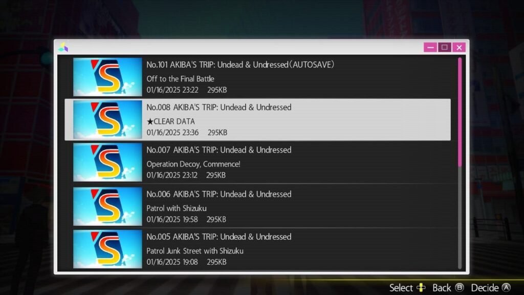 Save file screen from Akiba’s Trip: Undead & Undressed showing multiple save slots including a completed clear save.
