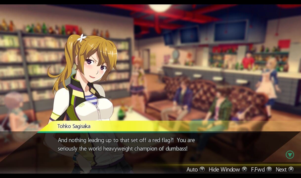 Screenshot of Tohko Sagisaka from Akiba’s Trip: Undead & Undressed delivering a sarcastic line accusing someone of being the "world heavyweight champion of dumbass."