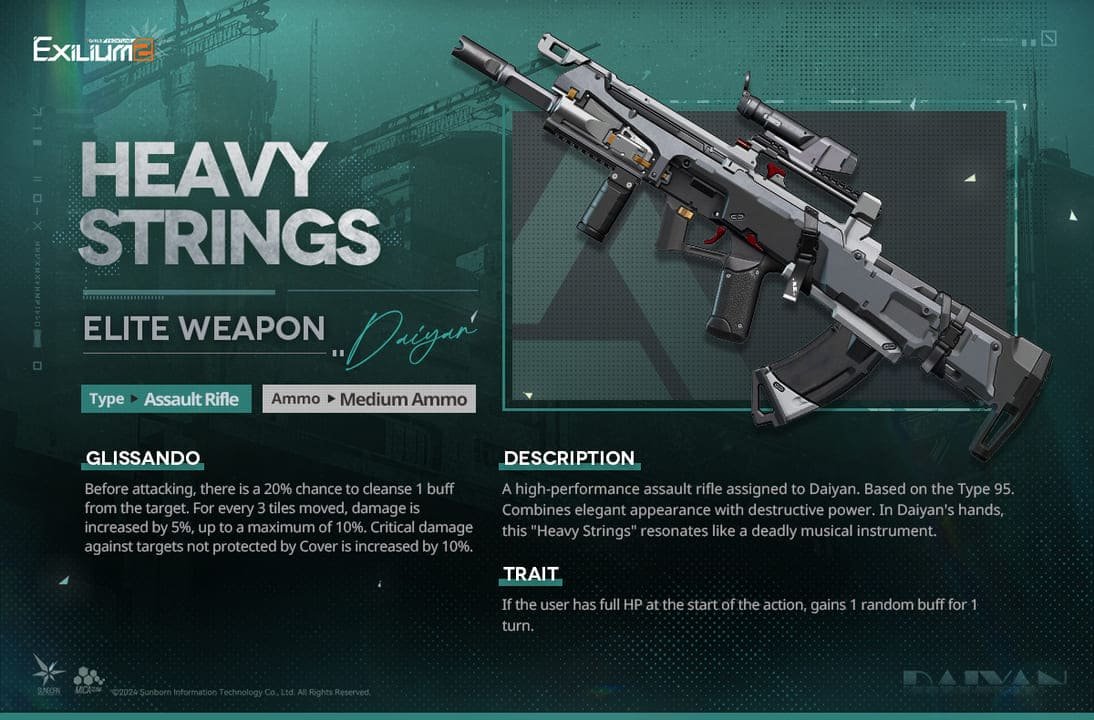 Daiyan’s signature weapon Heavy Strings in Girls’ Frontline 2 Exilium, an elite assault rifle designed around mobility, buff cleansing, and critical damage scaling.