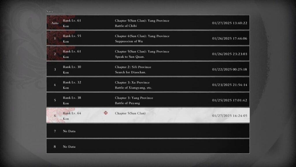 Clear save file screen in Dynasty Warriors: Origins showing completion progress for the Sun clan campaign.