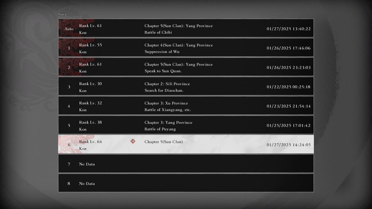 Clear save file screen in Dynasty Warriors: Origins showing completion progress for the Sun clan campaign.