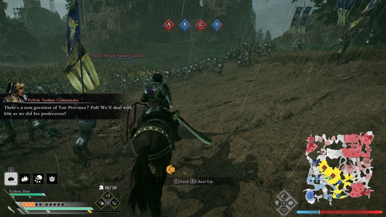 Riding horseback in Dynasty Warriors: Origins with control points on the HUD and enemy dialogue from a Yellow Turban Commander.