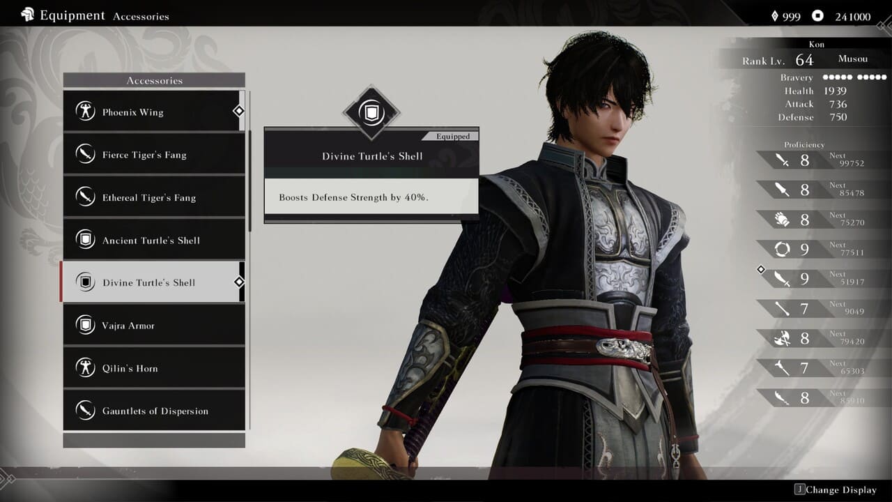 Equipment screen in Dynasty Warriors: Origins showing accessory slots and a tooltip describing the Divine Turtle’s Strength item.