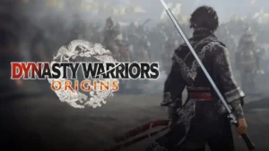 Nameless protagonist from Dynasty Warriors: Origins facing a vast enemy army, sword behind his back, with the game logo to the left.