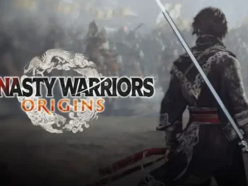 Nameless protagonist from Dynasty Warriors: Origins facing a vast enemy army, sword behind his back, with the game logo to the left.