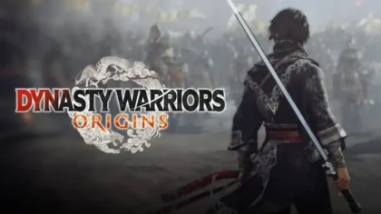 Nameless protagonist from Dynasty Warriors: Origins facing a vast enemy army, sword behind his back, with the game logo to the left.