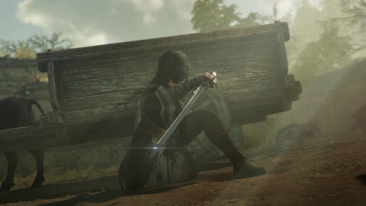Opening cutscene in Dynasty Warriors: Origins showing the protagonist revealing himself and unsheathing his sword to confront village corruption.