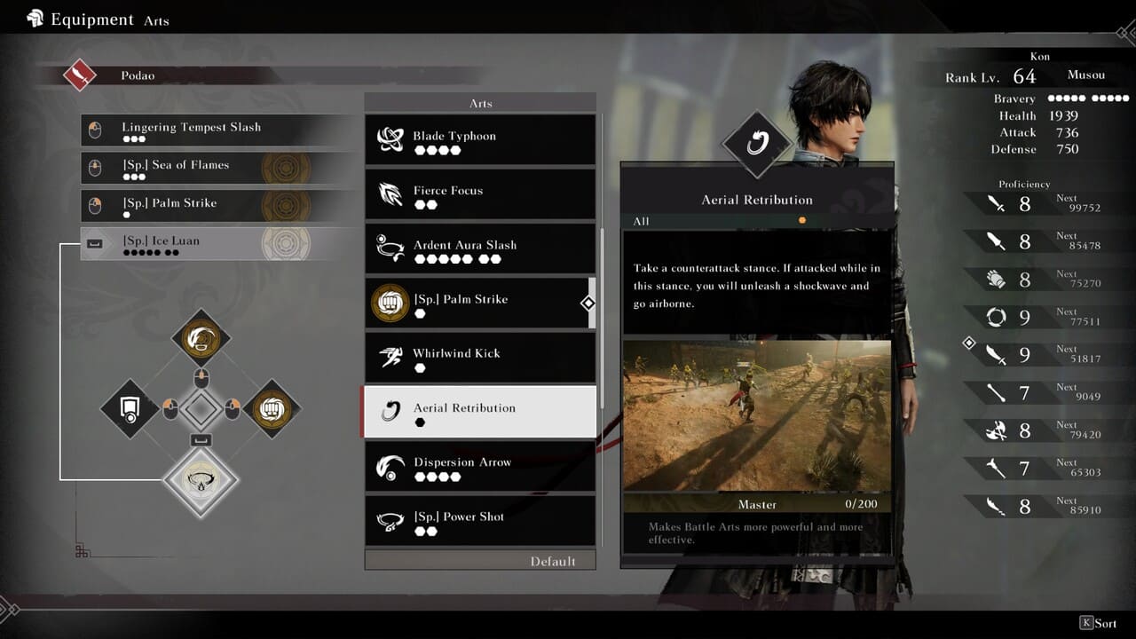 Arts equip screen in Dynasty Warriors: Origins showing the Aerial Retribution ability for the Podao weapon.