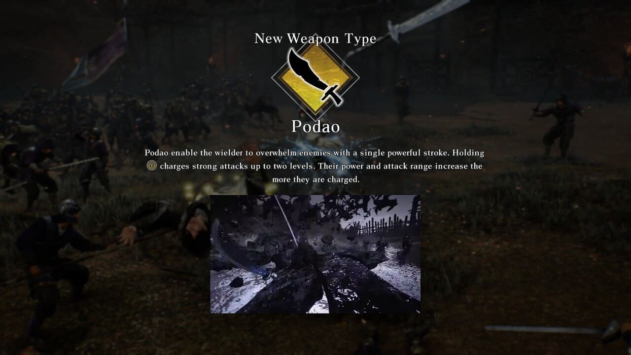 Podao weapon unlock screen in Dynasty Warriors: Origins with a description of its attack style.