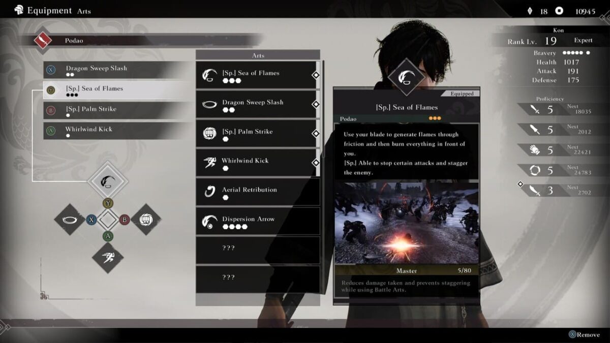 Combat tutorial screen in Dynasty Warriors: Origins showing the special move “Sea of Flames” with a description of its effect.