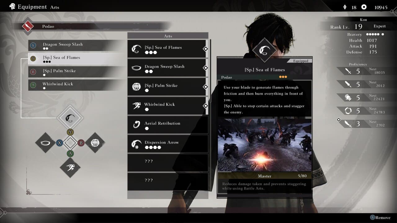 Combat tutorial screen in Dynasty Warriors: Origins showing the special move “Sea of Flames” with a description of its effect.