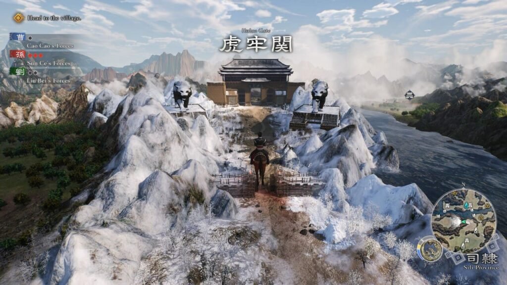 In-game scene from Dynasty Warriors: Origins showing a snowy mountain near Hulao Gate in Sili Province.
