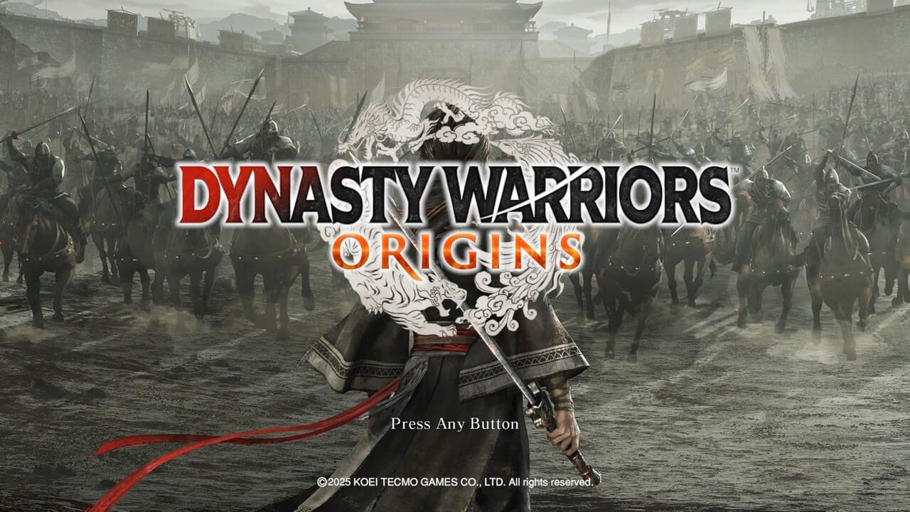 Title screen of Dynasty Warriors: Origins showing the protagonist facing a giant army with the "Press Any Button" prompt.