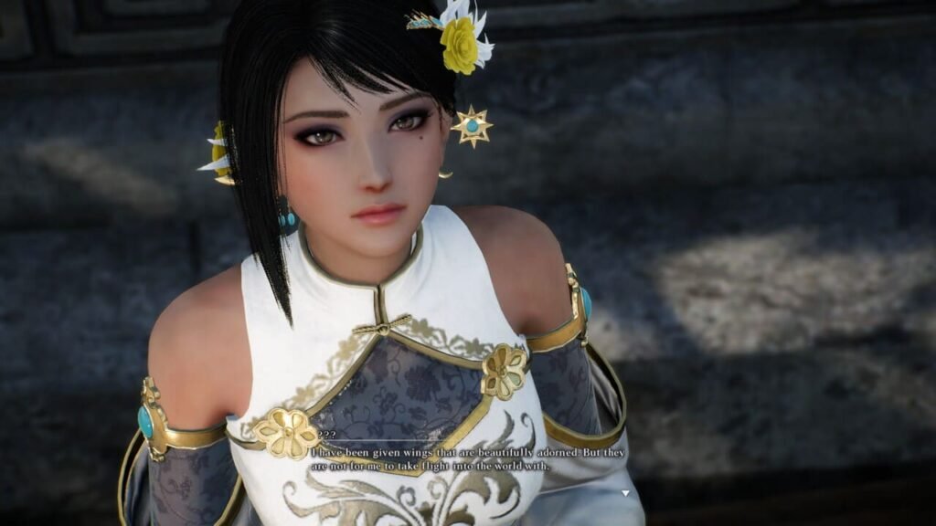 Zhenji in Dynasty Warriors: Origins delivering a reflective line about being given wings she cannot use to fly.