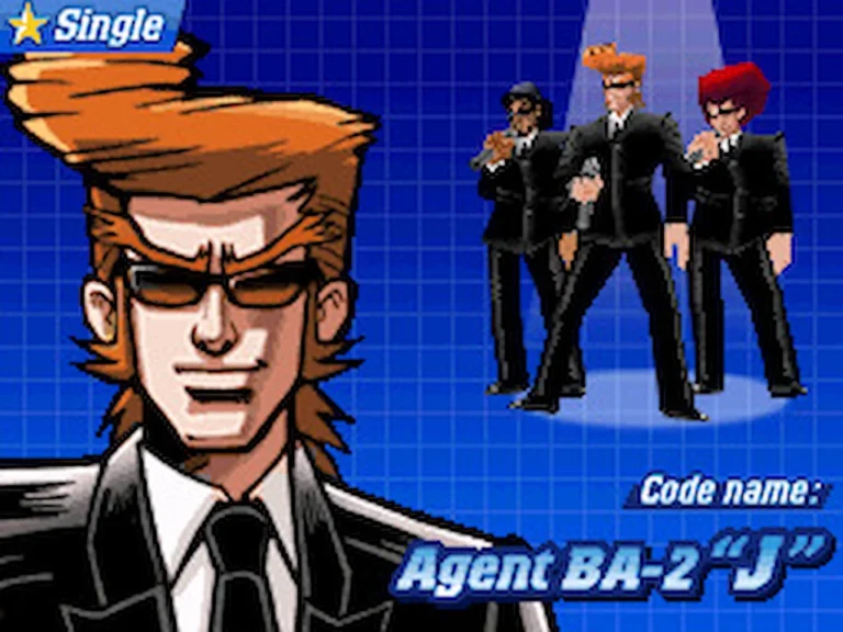 Elite Beat Agents character Agent BA-2 “J” posing confidently in his signature black suit and sunglasses.