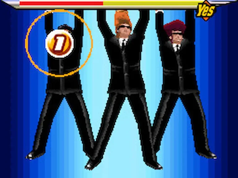 Elite Beat Agents gameplay showing the agents dancing with an orange “1” timing marker on screen.