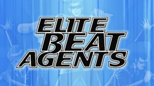 Elite Beat Agents game cover with a blue background and the title written in bold black font.