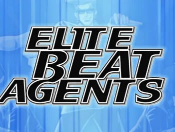 Elite Beat Agents game cover with a blue background and the title written in bold black font.