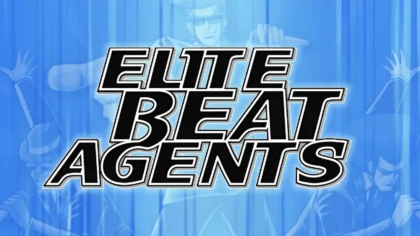 Elite Beat Agents game cover with a blue background and the title written in bold black font.