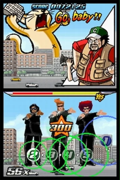 Elite Beat Agents scene showing a movie being filmed with a giant cat attacking a city on the top screen and the agents dancing on the bottom screen.