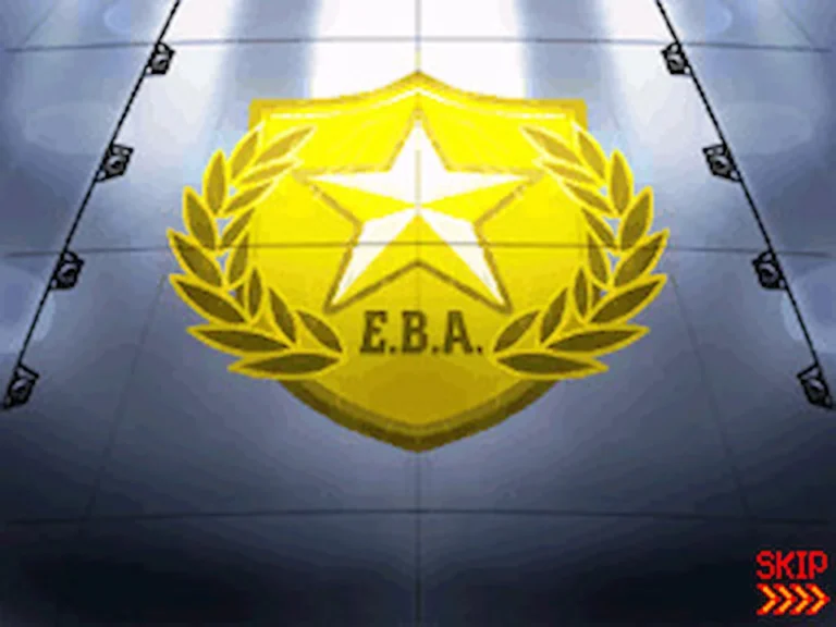 Cutscene from Elite Beat Agents showing a gold star emblem with the letters E.B.A. in the center.