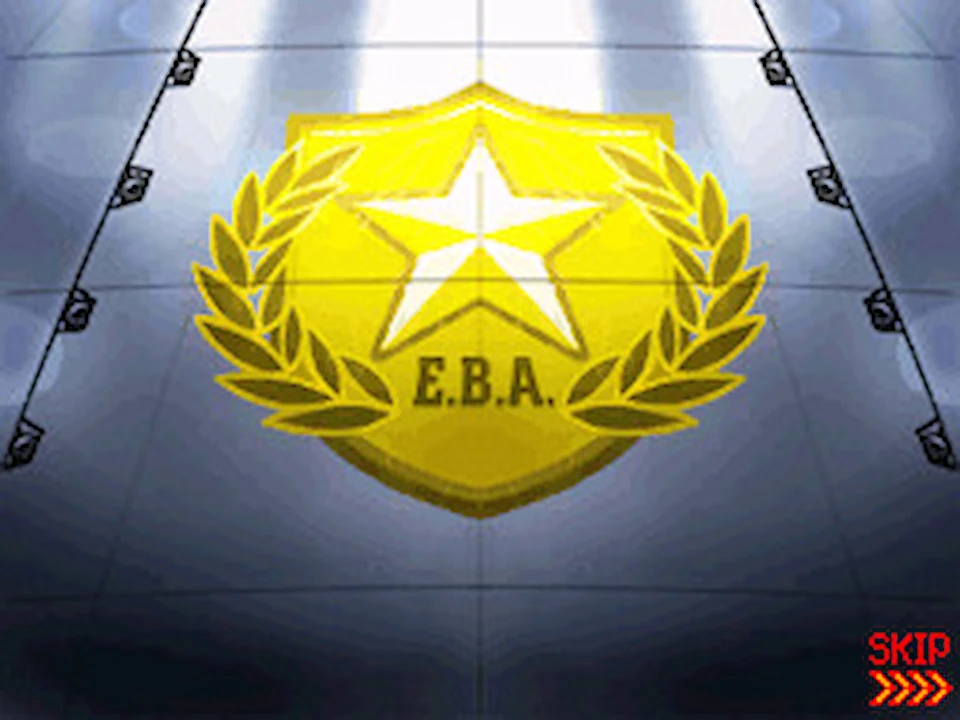 Cutscene from Elite Beat Agents showing a gold star emblem with the letters E.B.A. in the center.