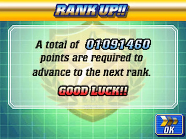 Elite Beat Agents screen showing “Rank Up!!” with a message stating that 01091460 points are required to reach the next rank.