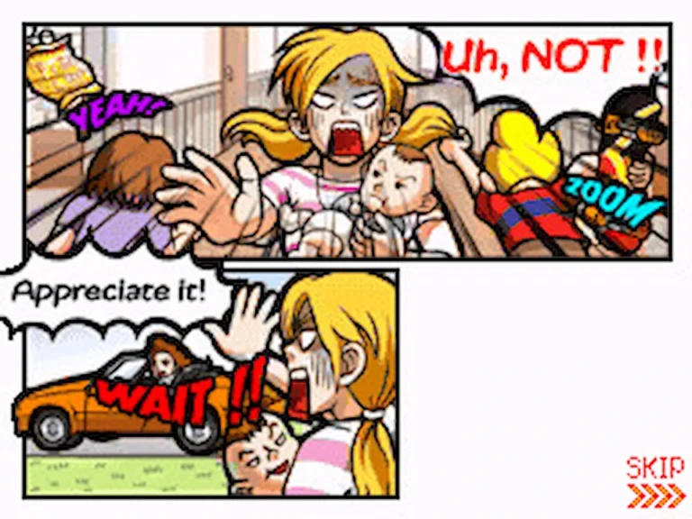 Storyboard panel from Elite Beat Agents showing a man driving away in a car, leaving a woman behind.