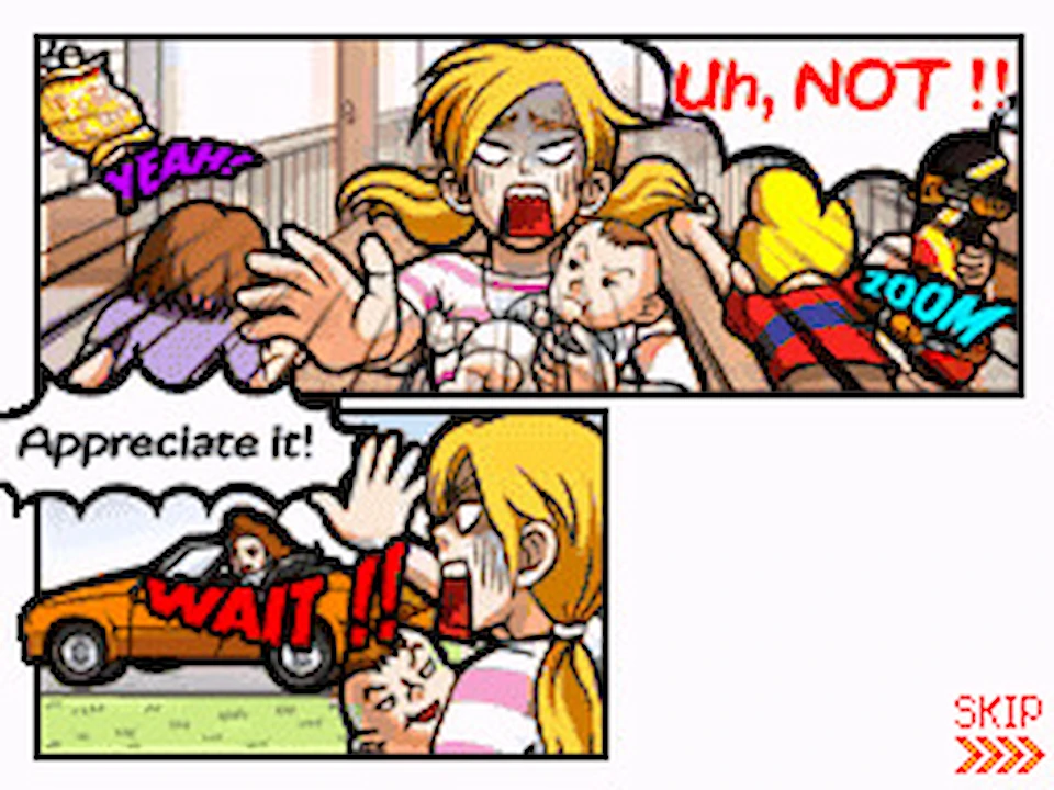 Storyboard panel from Elite Beat Agents showing a man driving away in a car, leaving a woman behind.