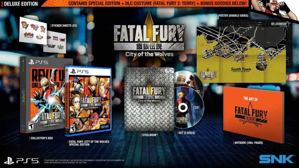Fatal Fury City of the Wolves Deluxe Edition contents showing collector’s box, steelbook, artbook, soundtrack, poster, and PS5 game case