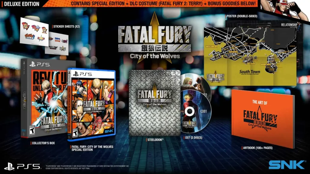 Fatal Fury City of the Wolves Deluxe Edition contents including collector’s box, steelbook, artbook, soundtrack, poster, stickers, and PS5 game