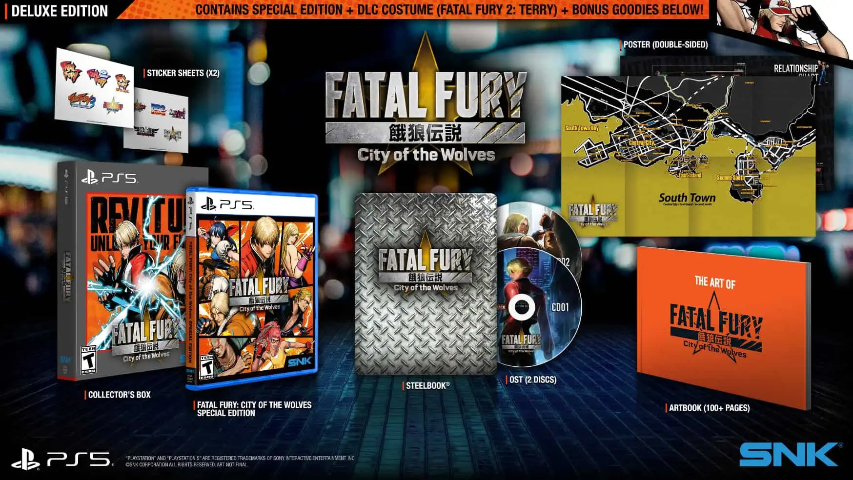 Fatal Fury City of the Wolves Deluxe Edition contents including collector’s box, steelbook, artbook, soundtrack, poster, stickers, and PS5 game
