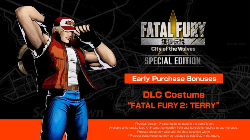 Fatal Fury City of the Wolves Special Edition showing Terry Bogard DLC costume from Fatal Fury 2 as an early purchase bonus