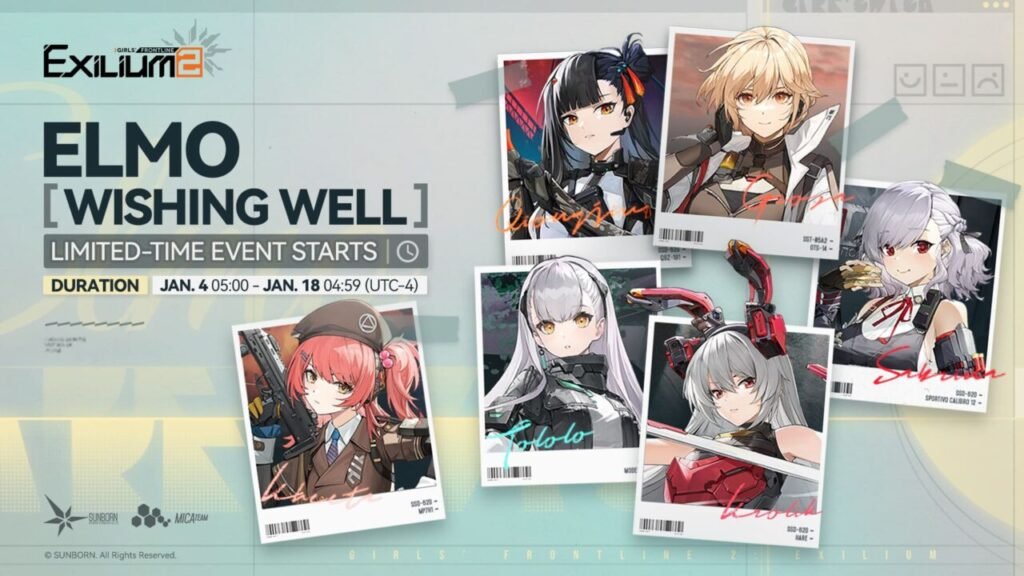 Elmo Wishing Well limited-time event artwork from Girls' Frontline 2 featuring multiple character portraits